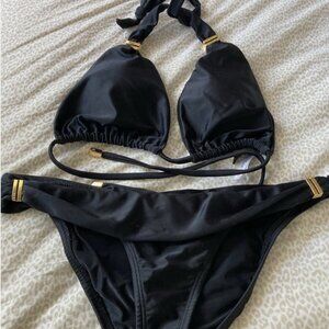 VIX Paula Hermanny Black Gold Deco Halter Top Bikini Bottom 2 Pc Size S/M